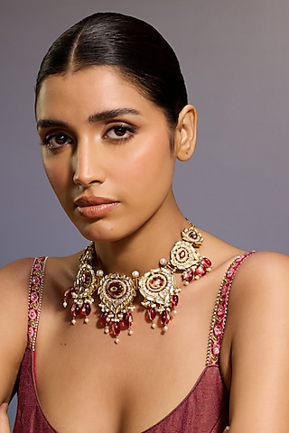 Gold Finish Cabochon Stone & Zircon Necklace In Sterling Silver by Tarun Tahiliani Jewellery