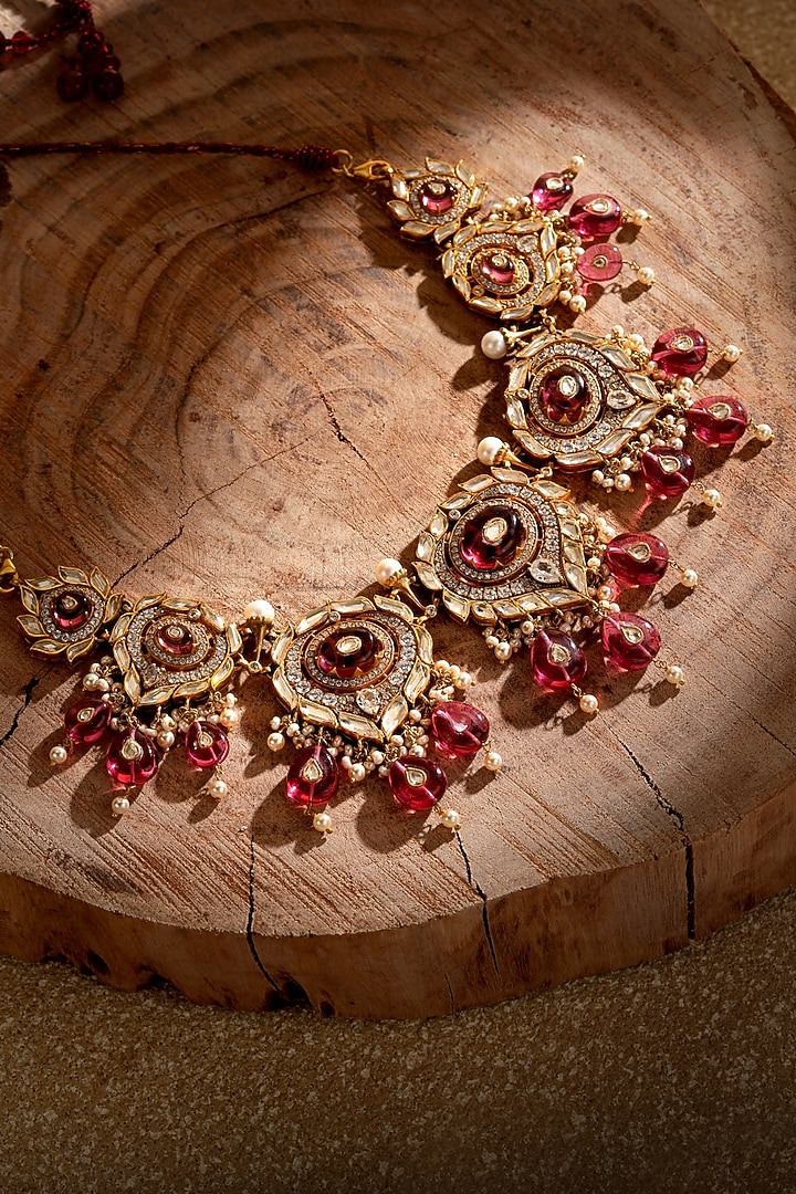Gold Finish Cabochon Stone & Zircon Necklace In Sterling Silver by Tarun Tahiliani Jewellery at Pernia's Pop Up Shop