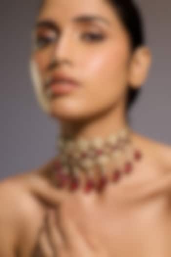 Gold Finish Glass Drop & Swarovski Pearl Choker Necklace In Sterling Silver by Tarun Tahiliani Accessories at Pernia's Pop Up Shop