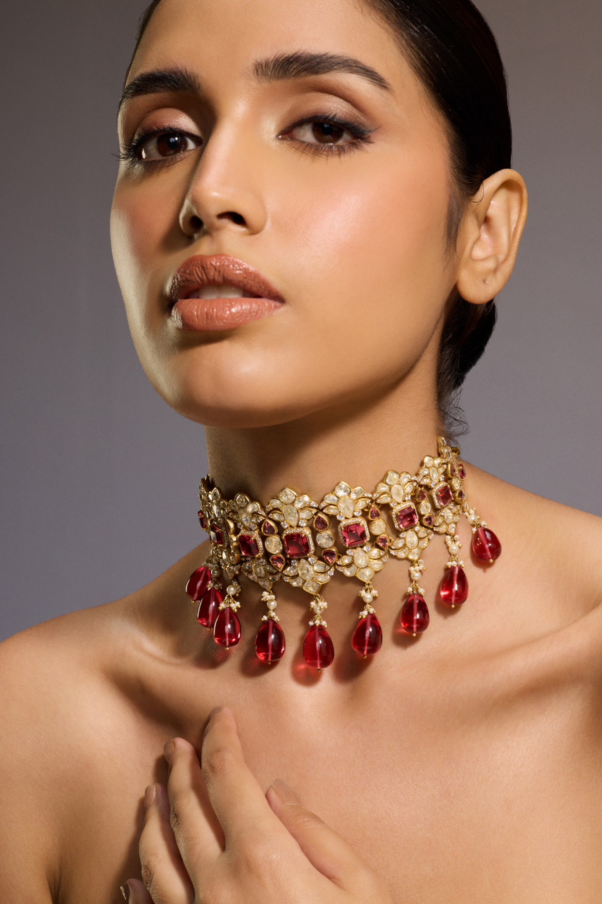 Gold Finish Glass Drop & Swarovski Pearl Choker Necklace In Sterling Silver by Tarun Tahiliani Accessories at Pernia's Pop Up Shop