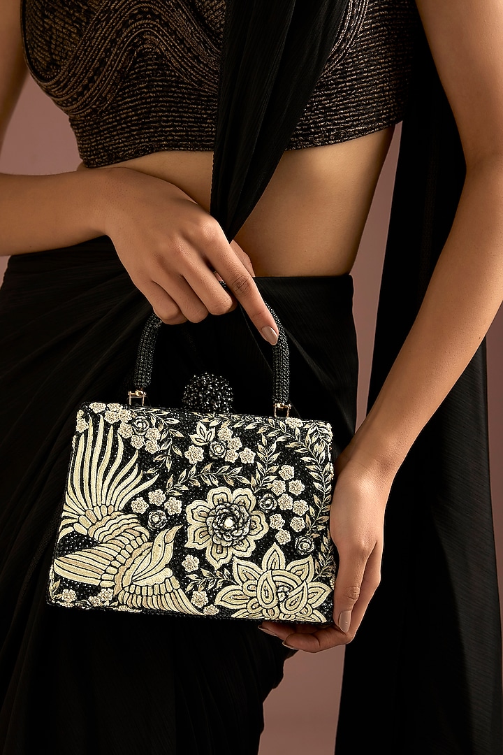 Black Fabric Embroidered Bag by Tarun Tahiliani Accessories at Pernia's Pop Up Shop