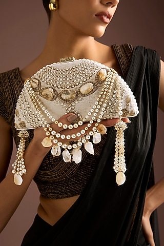 White Swarovski & Pearl Bag by Tarun Tahiliani Accessories