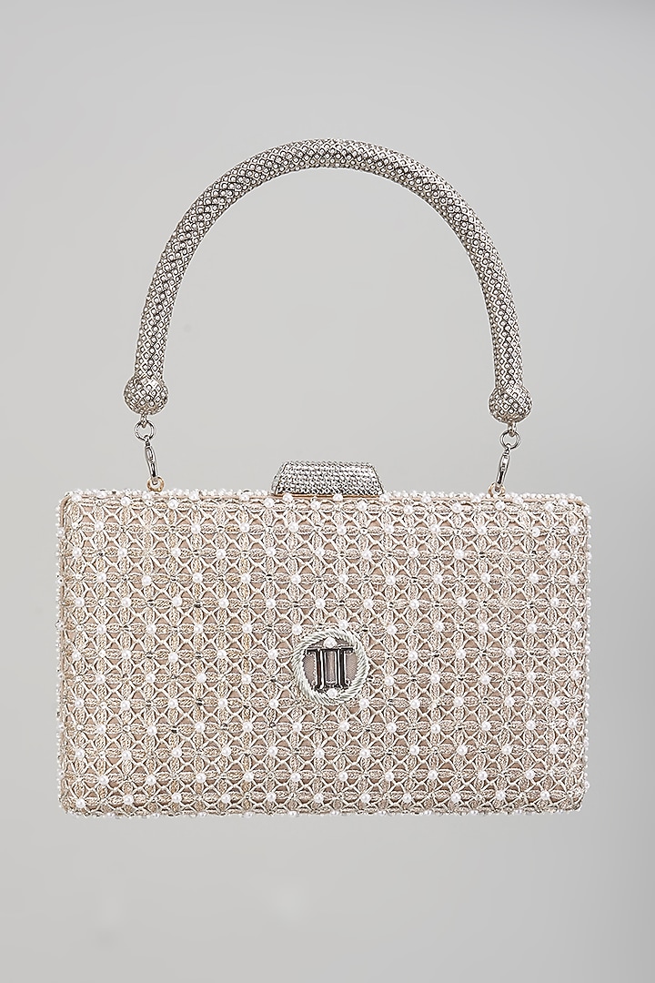 Silver Soft Net & Poly Organza Jaal Embroidered Clutch by Tarun Tahiliani Accessories at Pernia's Pop Up Shop