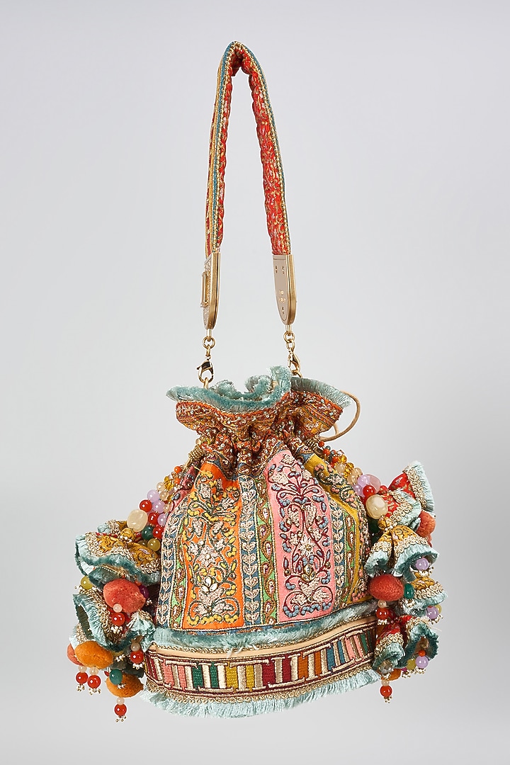 Multi-Colored Brass Bead Embroidered Potli Bag by Tarun Tahiliani Accessories at Pernia's Pop Up Shop