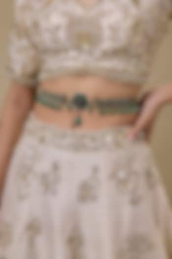 Green Metal Emerald Beaded & Crystal Stone Belt by Tarun Tahiliani Accessories at Pernia's Pop Up Shop