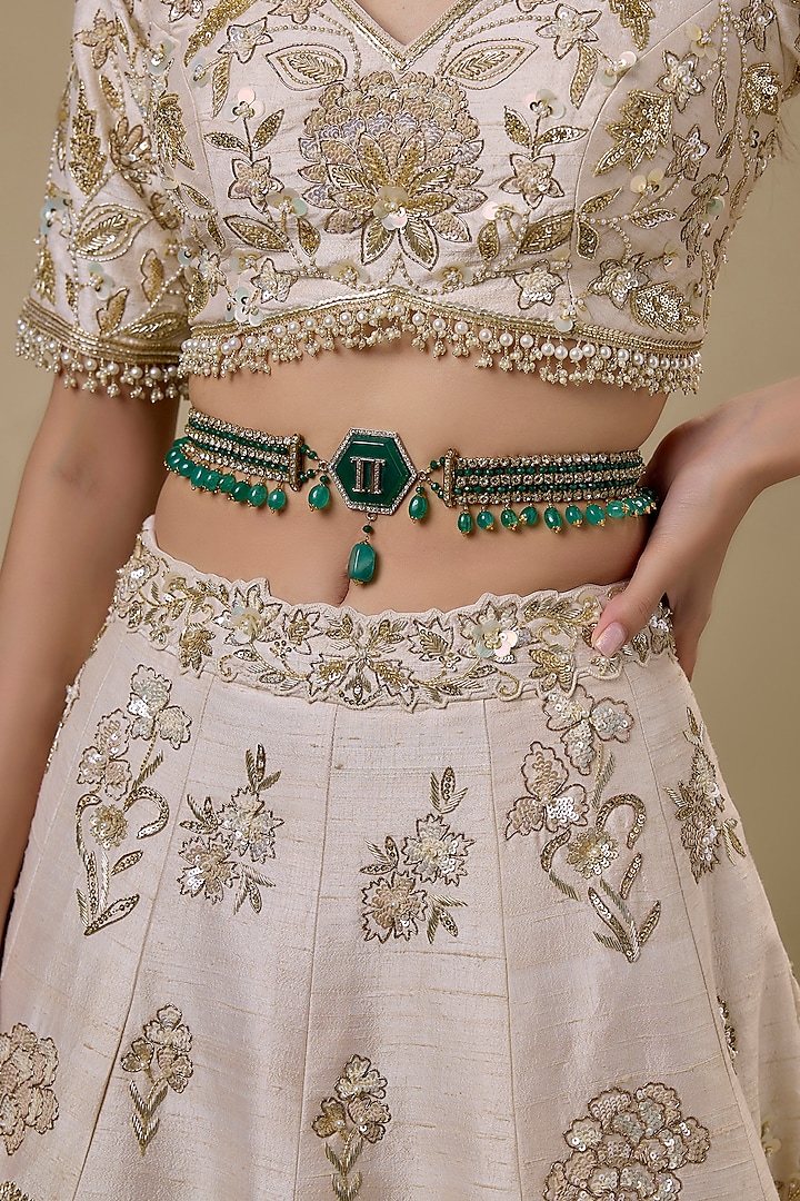 Green Metal Emerald Beaded & Crystal Stone Belt by Tarun Tahiliani Accessories at Pernia's Pop Up Shop