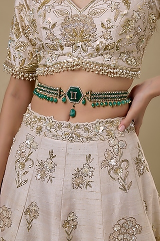 Green Metal Emerald Beaded & Crystal Stone Belt by Tarun Tahiliani Accessories