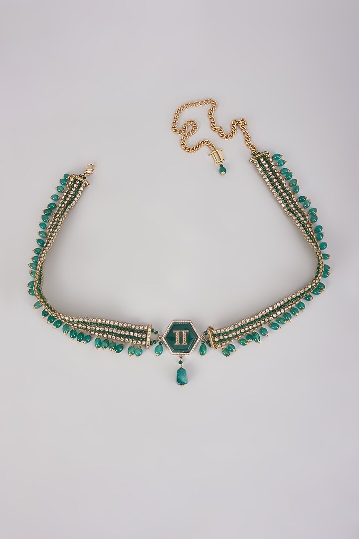 Green Metal Emerald Beaded & Crystal Stone Belt by Tarun Tahiliani Accessories at Pernia's Pop Up Shop