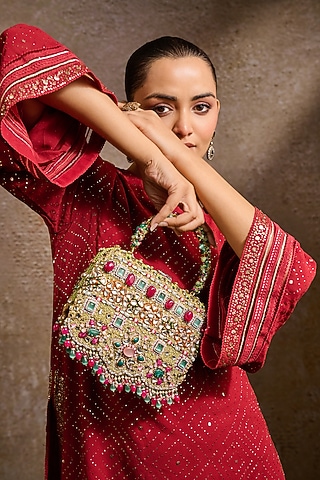 Multi-Colored Shantoon Hand Embroidered Clutch by Tarun Tahiliani Accessories