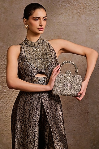 Silver Double Viscose Georgette Zardosi Embroidered Clutch by Tarun Tahiliani Accessories