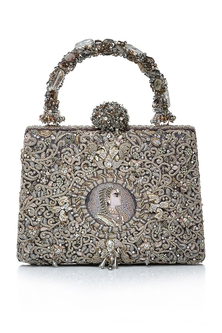Silver Double Viscose Georgette Zardosi Embroidered Clutch by Tarun Tahiliani Accessories at Pernia's Pop Up Shop