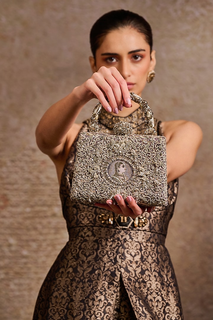 Silver Double Viscose Georgette Zardosi Embroidered Clutch by Tarun Tahiliani Accessories at Pernia's Pop Up Shop