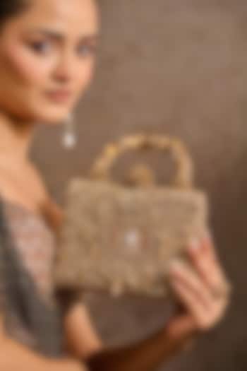 Gold Double Viscose Georgette Zardosi Embroidered Clutch by Tarun Tahiliani Accessories at Pernia's Pop Up Shop
