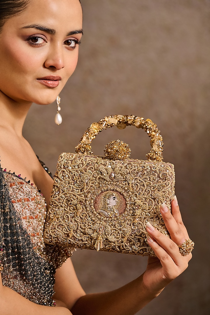 Gold Double Viscose Georgette Zardosi Embroidered Clutch by Tarun Tahiliani Accessories at Pernia's Pop Up Shop