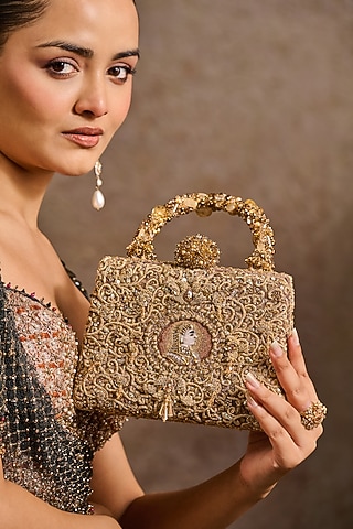 Gold Double Viscose Georgette Zardosi Embroidered Clutch by Tarun Tahiliani Accessories