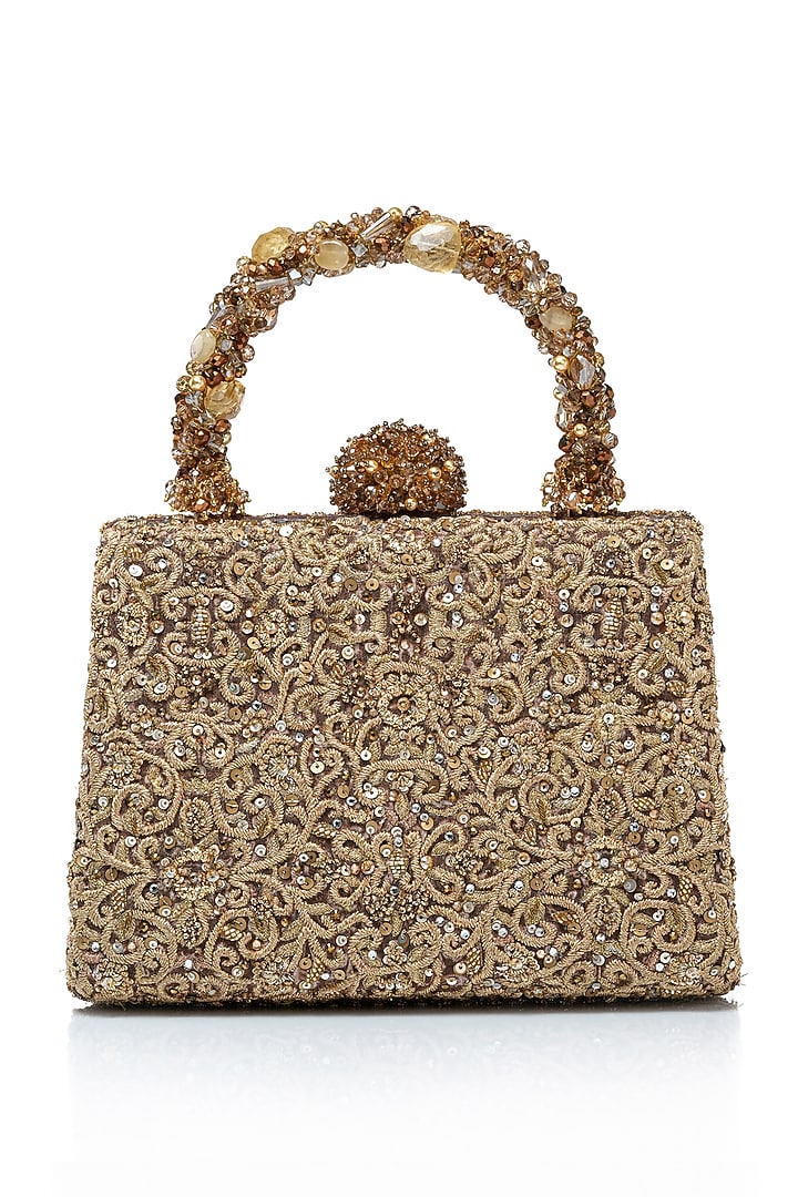 Gold Double Viscose Georgette Zardosi Embroidered Clutch by Tarun Tahiliani Accessories at Pernia's Pop Up Shop