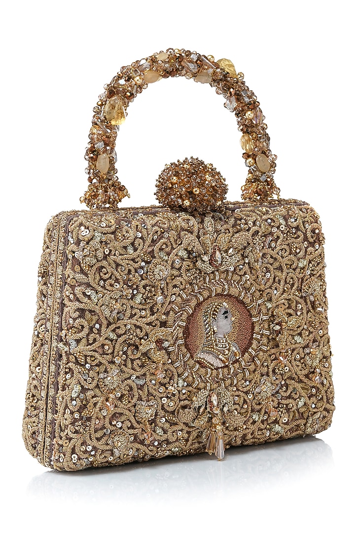 Gold Double Viscose Georgette Zardosi Embroidered Clutch by Tarun Tahiliani Accessories at Pernia's Pop Up Shop