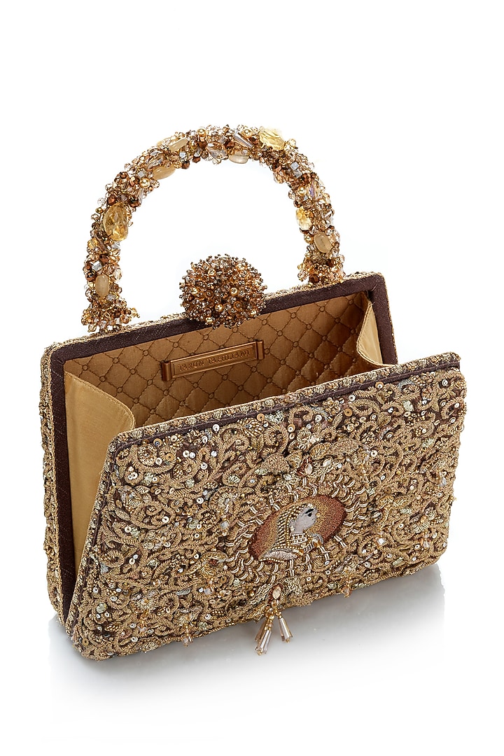 Gold Double Viscose Georgette Zardosi Embroidered Clutch by Tarun Tahiliani Accessories at Pernia's Pop Up Shop