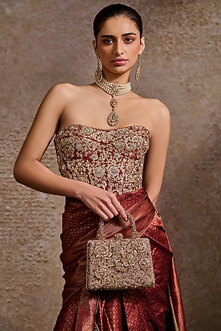 Maroon Kasab Satin Zardosi Embroidered Clutch by Tarun Tahiliani Accessories