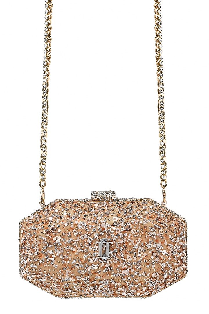 Champagne Gold Net Sequins Embroidered Octagonal Clutch by Tarun Tahiliani Accessories at Pernia's Pop Up Shop
