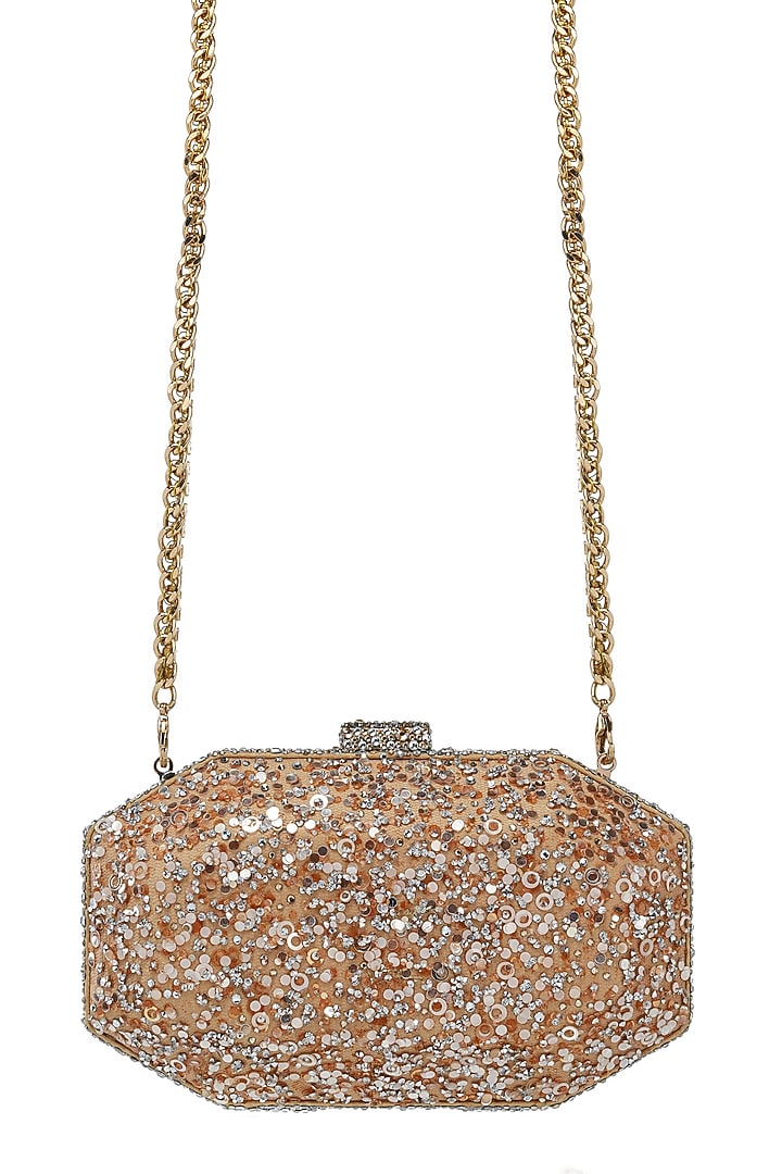 Champagne Gold Net Sequins Embroidered Octagonal Clutch by Tarun Tahiliani Accessories at Pernia's Pop Up Shop