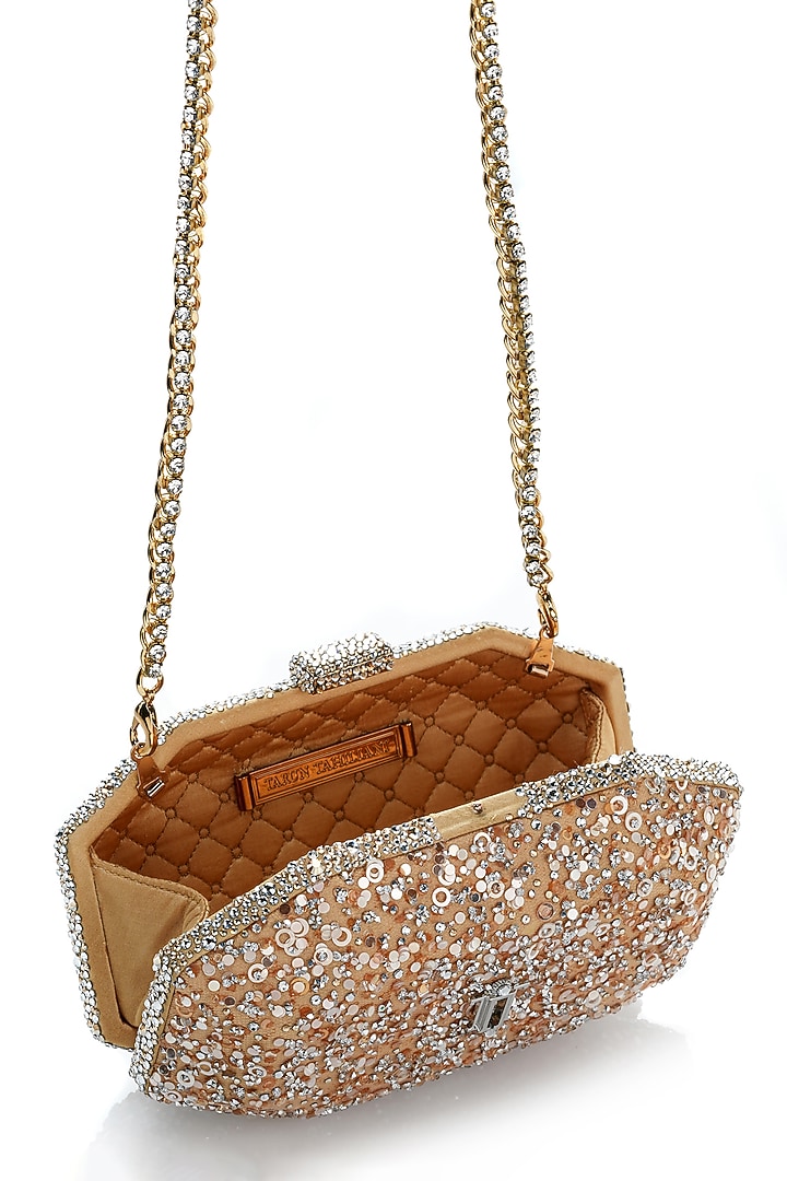 Champagne Gold Net Sequins Embroidered Octagonal Clutch by Tarun Tahiliani Accessories at Pernia's Pop Up Shop
