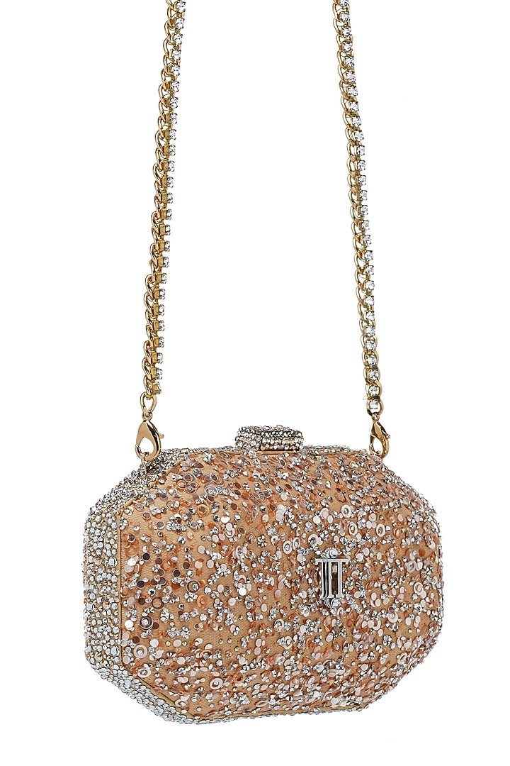 Champagne Gold Net Sequins Embroidered Octagonal Clutch by Tarun Tahiliani Accessories at Pernia's Pop Up Shop