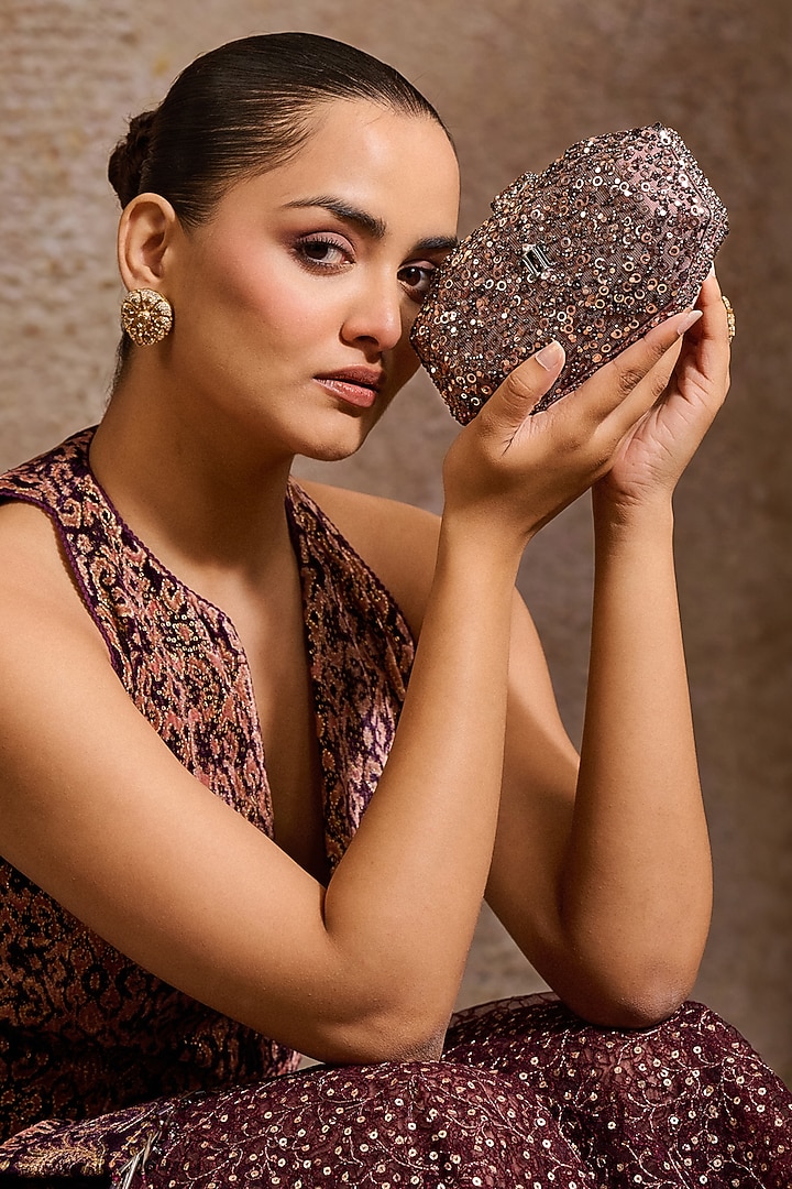 Chocolate Brown Net Sequins Embroidered Octagonal Clutch by Tarun Tahiliani Accessories at Pernia's Pop Up Shop