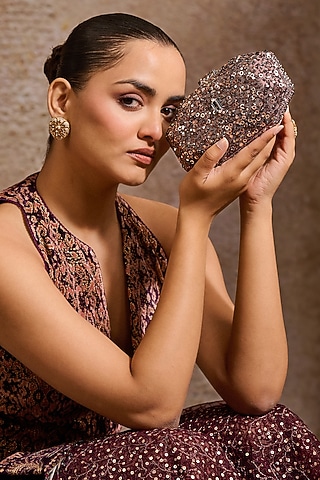 Chocolate Brown Net Sequins Embroidered Octagonal Clutch by Tarun Tahiliani Accessories