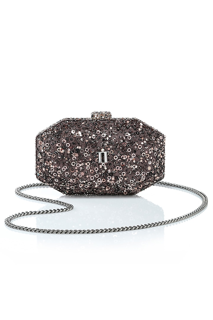 Chocolate Brown Net Sequins Embroidered Octagonal Clutch by Tarun Tahiliani Accessories at Pernia's Pop Up Shop
