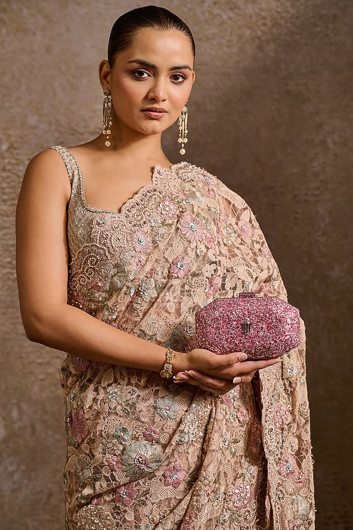 Blush Old Rose Net Sequins Embroidered Octagonal Clutch by Tarun Tahiliani Accessories at Pernia's Pop Up Shop