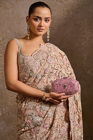 Blush Old Rose Net Sequins Embroidered Octagonal Clutch by Tarun Tahiliani Accessories