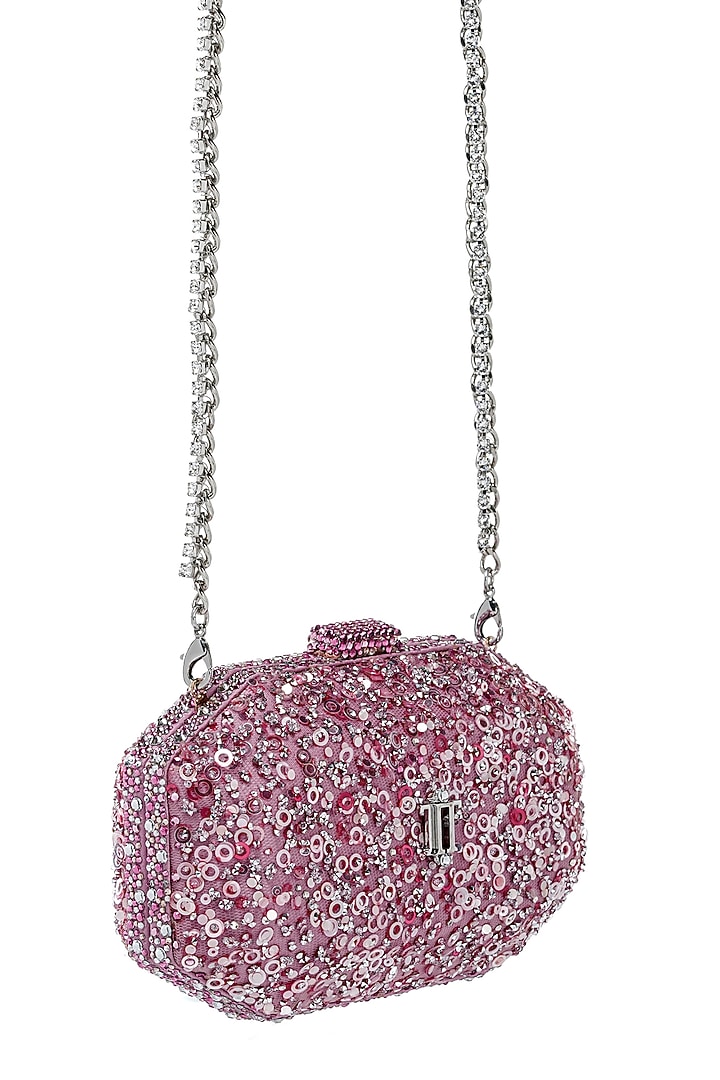 Blush Old Rose Net Sequins Embroidered Octagonal Clutch by Tarun Tahiliani Accessories at Pernia's Pop Up Shop