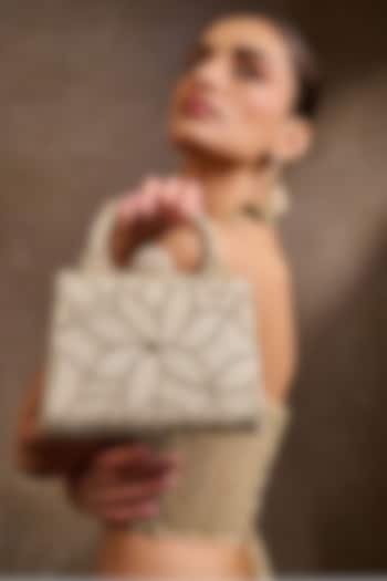 Cream Net Crystal Pearl Work Bag by Tarun Tahiliani Accessories at Pernia's Pop Up Shop