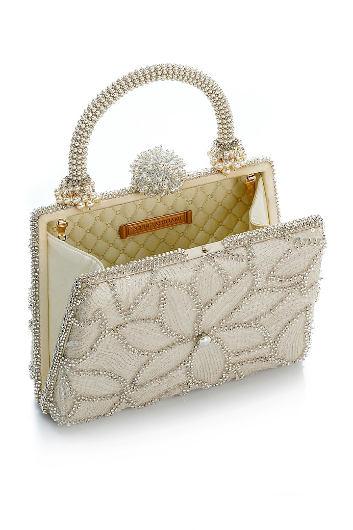 Cream Net Crystal Pearl Work Bag by Tarun Tahiliani Accessories at Pernia's Pop Up Shop
