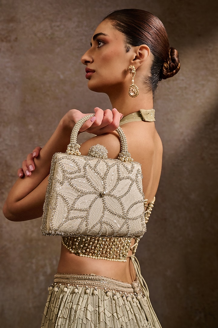Cream Net Crystal Pearl Work Bag by Tarun Tahiliani Accessories at Pernia's Pop Up Shop