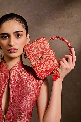 Siam Red Brocade Clutch by Tarun Tahiliani Accessories