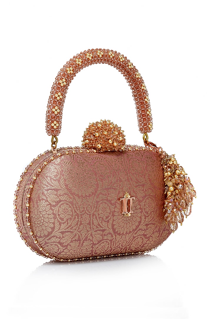 Salmon Pink Brocade Clutch by Tarun Tahiliani Accessories at Pernia's Pop Up Shop