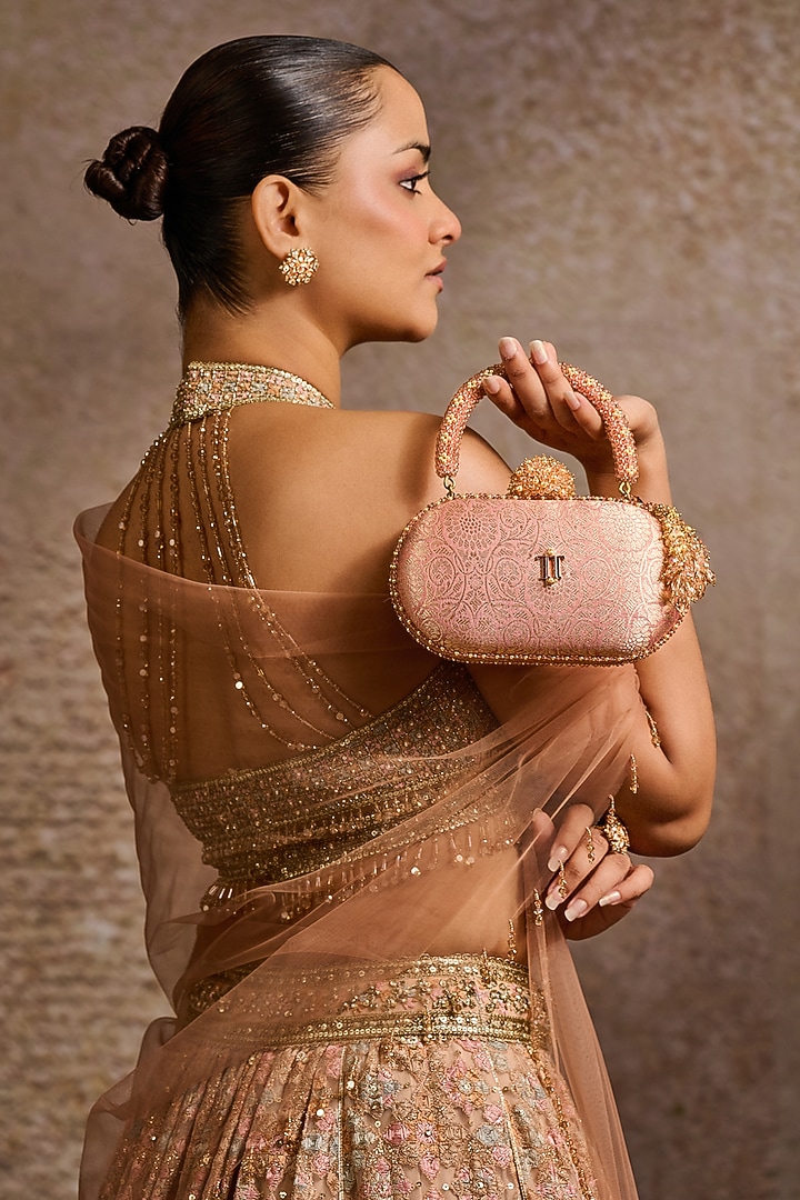 Salmon Pink Brocade Clutch by Tarun Tahiliani Accessories at Pernia's Pop Up Shop