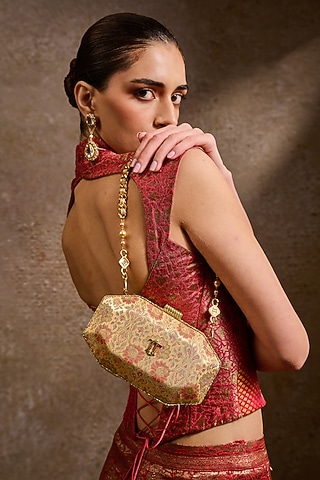 Ochre Brass Metal Beaded Clutch by Tarun Tahiliani Accessories