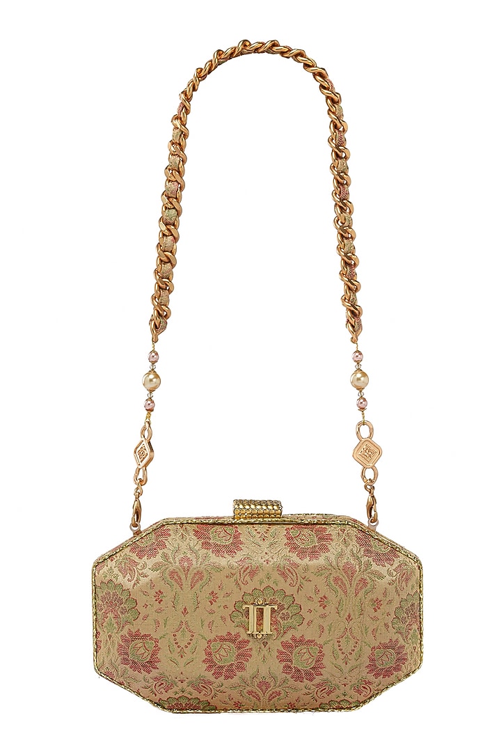Ochre Brass Metal Beaded Clutch by Tarun Tahiliani Accessories at Pernia's Pop Up Shop