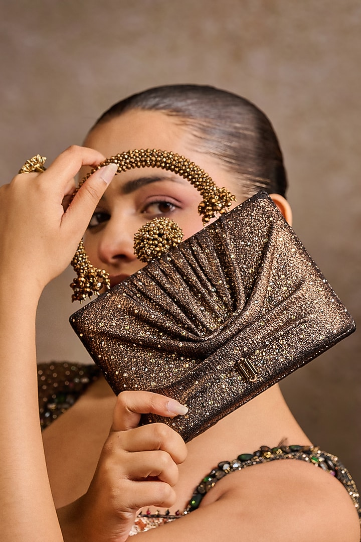 Copper Foil Jersey Draped Clutch by Tarun Tahiliani Accessories at Pernia's Pop Up Shop