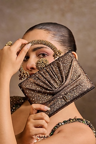 Copper Foil Jersey Draped Clutch by Tarun Tahiliani Accessories