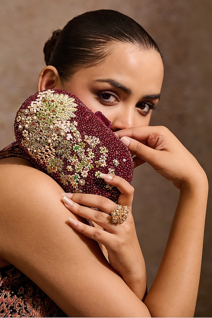 Wine Velvet Kashida Embroidered Clutch by Tarun Tahiliani Accessories at Pernia's Pop Up Shop