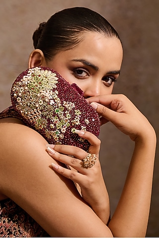 Wine Velvet Kashida Embroidered Clutch by Tarun Tahiliani Accessories