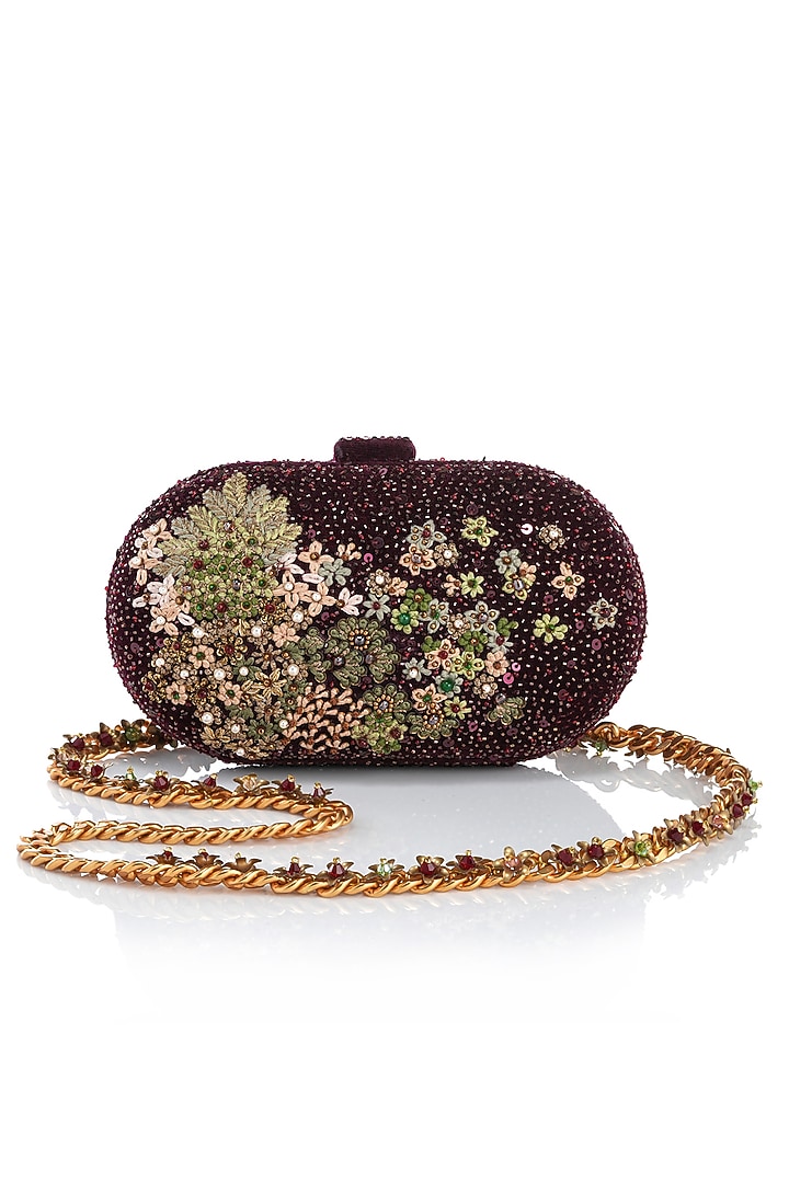 Wine Velvet Kashida Embroidered Clutch by Tarun Tahiliani Accessories at Pernia's Pop Up Shop