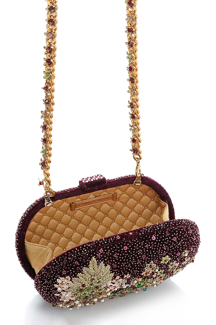 Wine Velvet Kashida Embroidered Clutch by Tarun Tahiliani Accessories at Pernia's Pop Up Shop