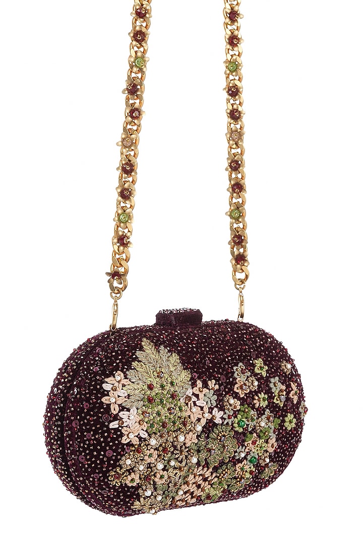 Wine Velvet Kashida Embroidered Clutch by Tarun Tahiliani Accessories at Pernia's Pop Up Shop