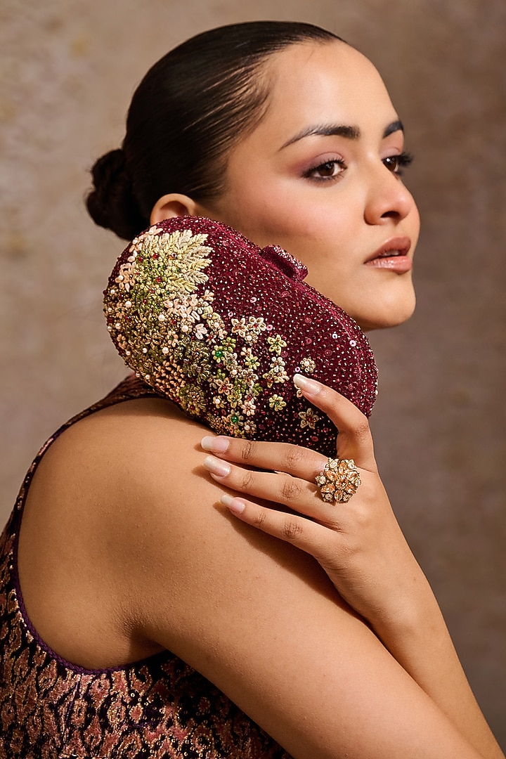 Wine Velvet Kashida Embroidered Clutch by Tarun Tahiliani Accessories at Pernia's Pop Up Shop