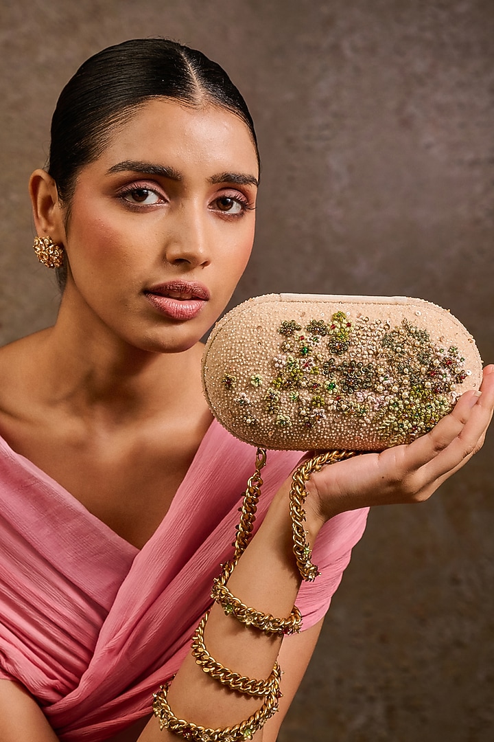 Ivory Velvet Kashida Embroidered Clutch by Tarun Tahiliani Accessories at Pernia's Pop Up Shop